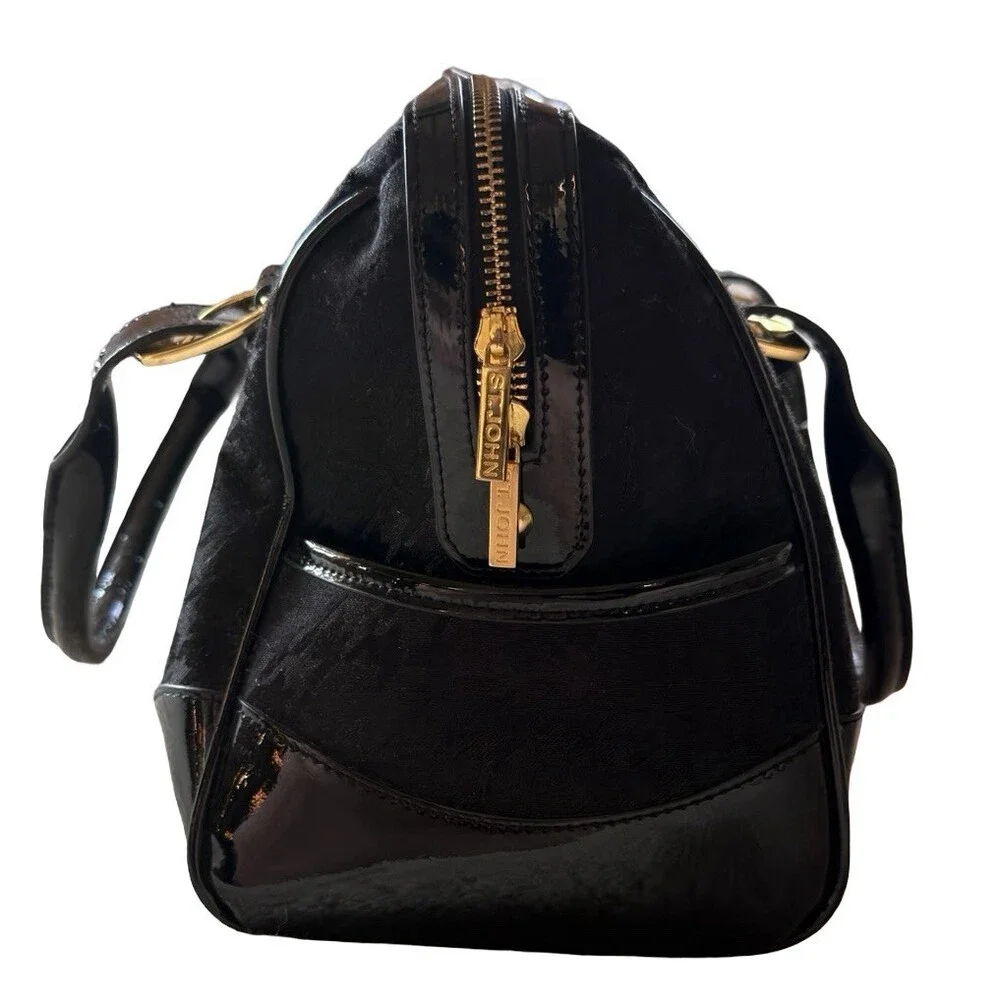 St. John Black Patent Logo Satchel Bag Gold Hardware Zip Top - Picture 2 of 12